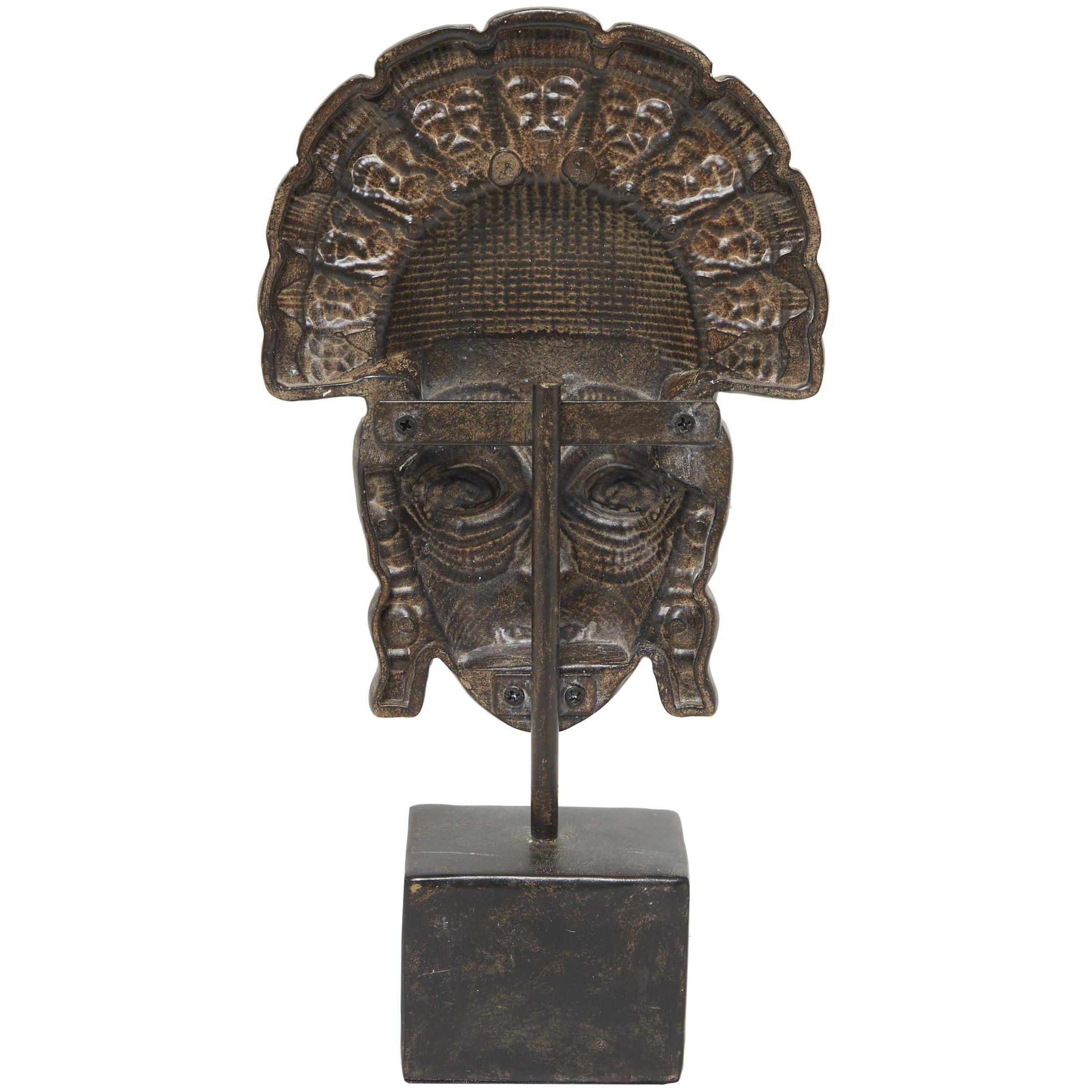 7" x 14" Brown Polystone African Tribal Mask Sculpture with Rust and Navy Carvings and Block Base, by DecMode