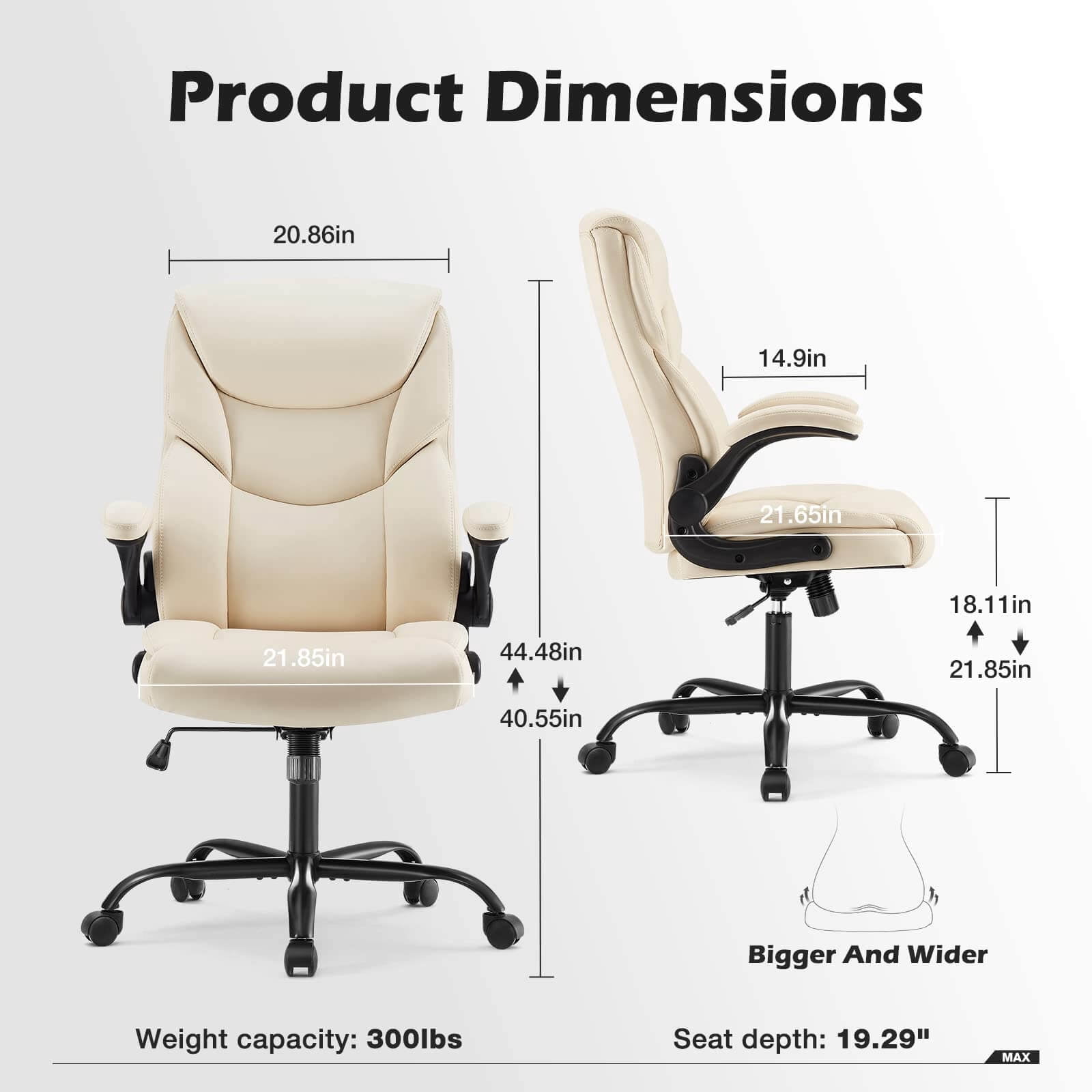 Bigleap Big and Tall Office Chair Desk Chair 300lbs Wide Seat with Adjustable Armrest and Lumbar Support PU Leather High Back Executive Task Ergonomic Computer Chair for Back Pain,White