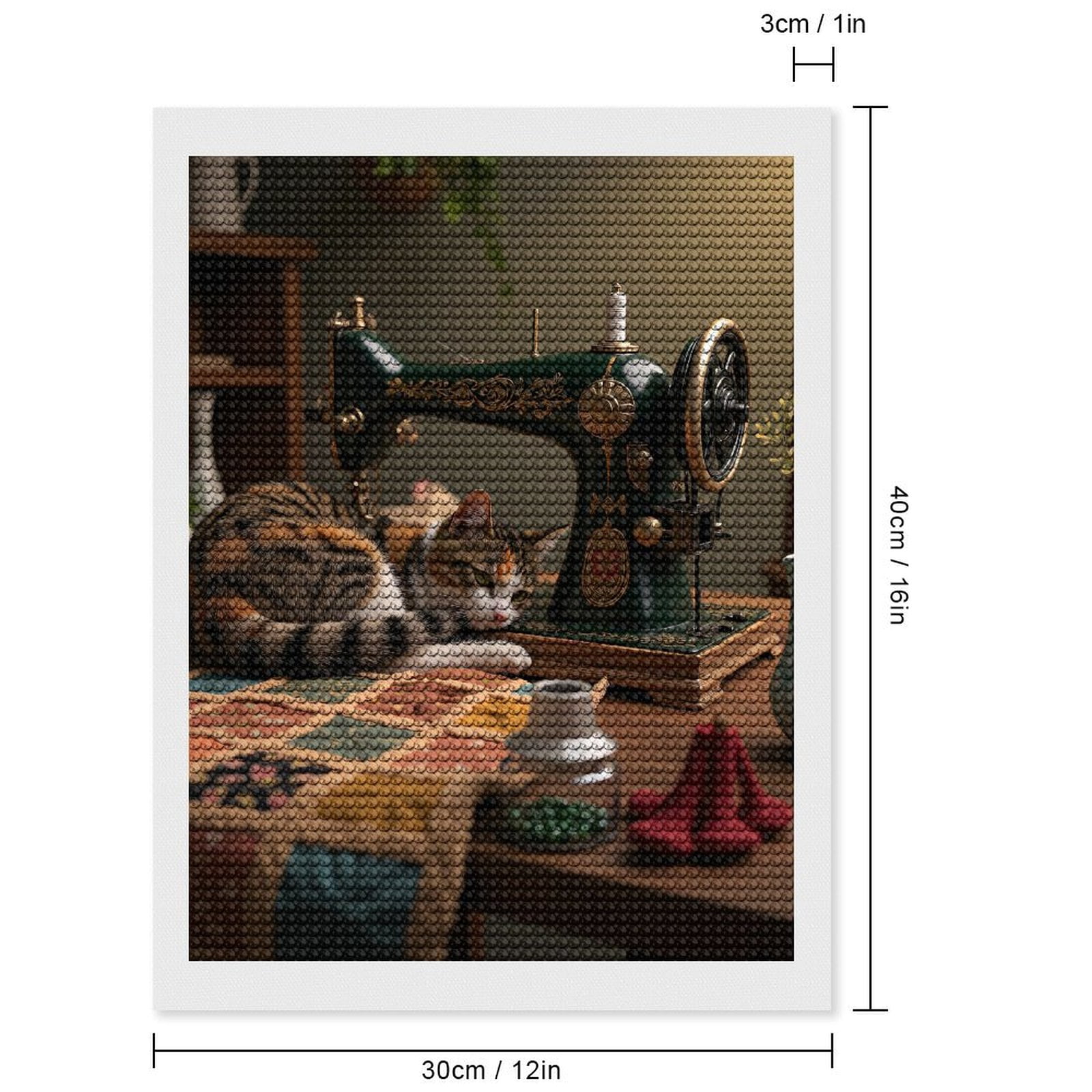 Diamond Art Kits for Adults, Calico Cat Sewing Machine Vintage Quilt 5D Diamond Painting Kits for Adults Beginners, DIY Full Drill Diamond Painting, Gem Art and Crafts 12x16