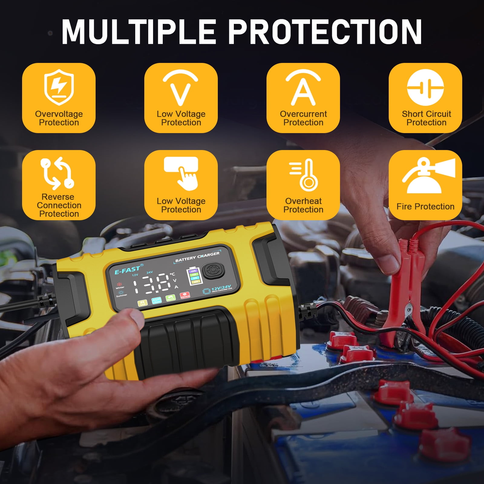 12V 10A 24V 5A Smart Automatic Maintainer Trickle Charger, 7 Stage Lead Acid AGM LiFePO4 Battery Charger for Cars Motorcycles Boats,Yellow