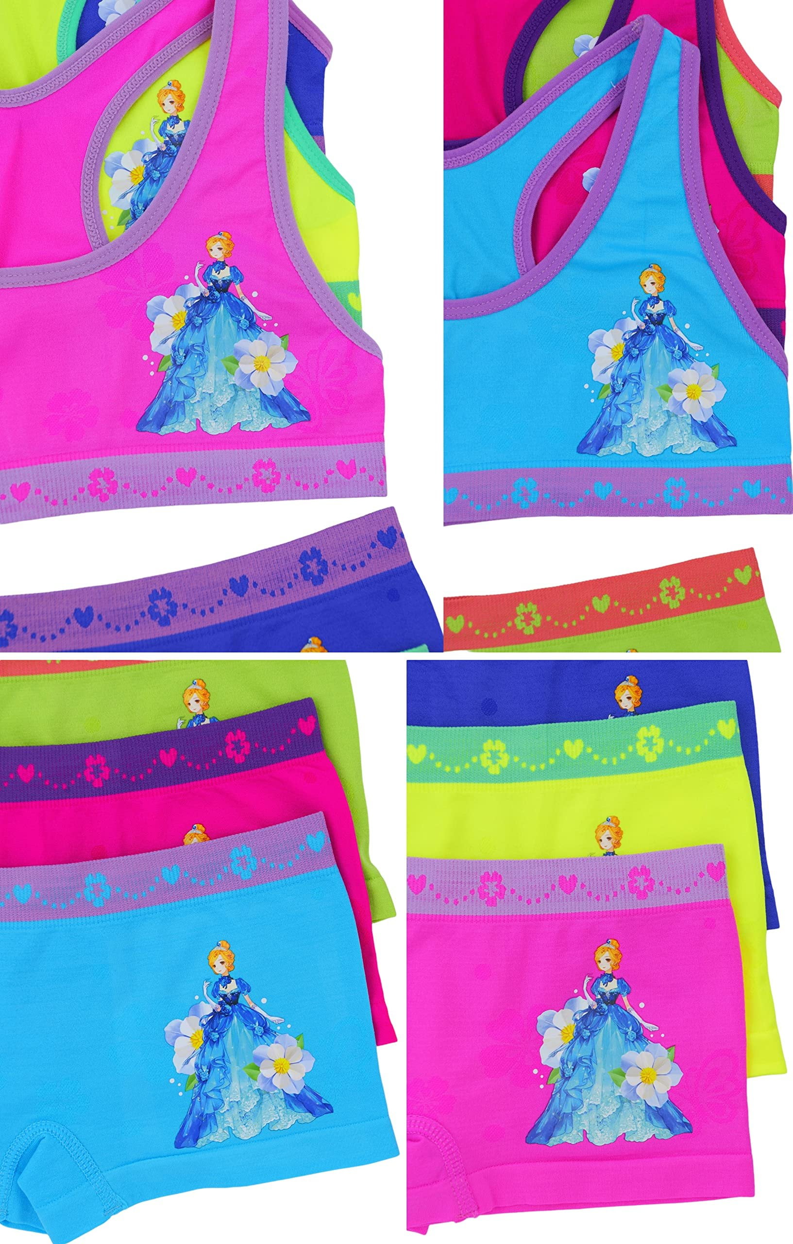 ToBeInStyle Girl's Pack of 6 Racerback Training Bra Tops & Matching Boyshort Bottoms - Anemone Princess - Large