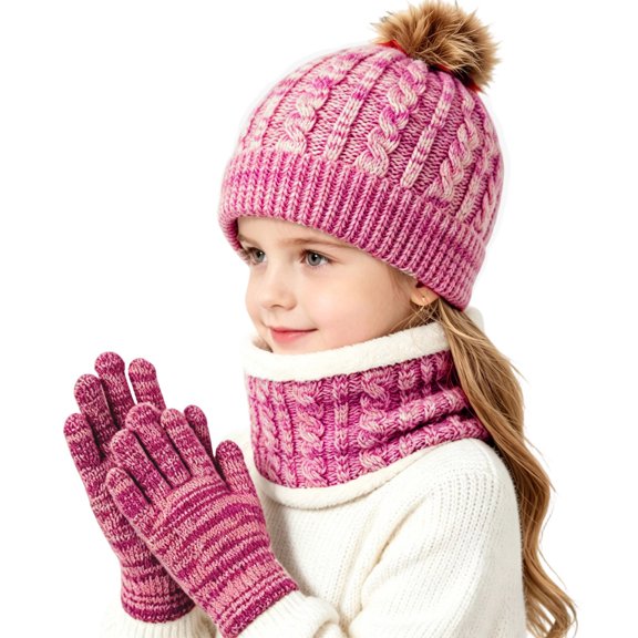3 Pcs Kids Winter Hat Scarf Gloves Set Boys Girls Knit Pompom Beanie Fleece Lined Neck Warmer Thick Thermal Ski Sets Hot Pink 2-10 Years