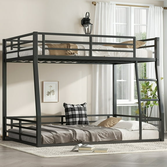 Full XL over Queen Bunk Bed, Space-Saving Metal Frame for Teens & Adults, Heavy Duty, Noise Reduced, No Box Spring Needed, Matte Black