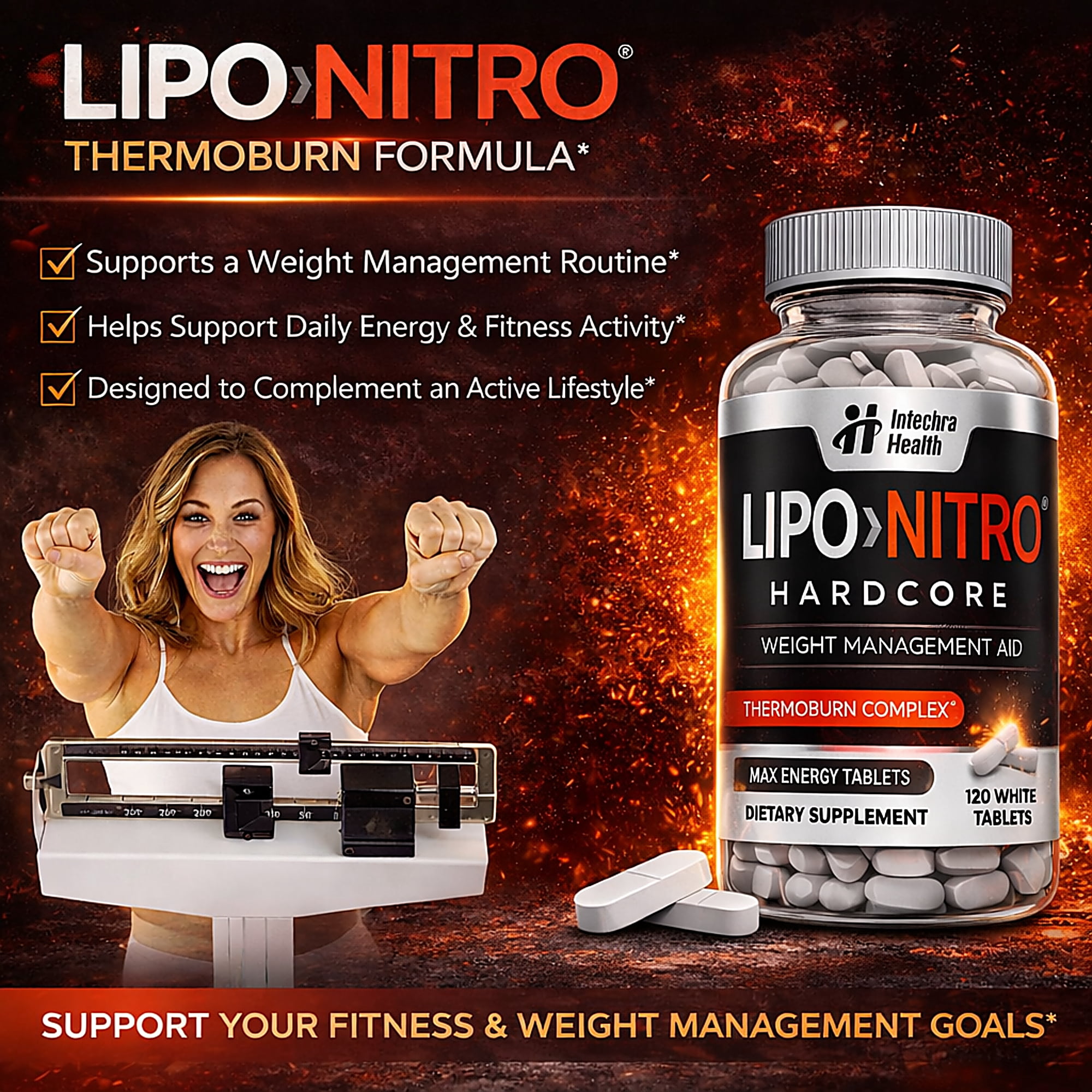 LIPO>Ni-TRO Best Diet Pills for Weight Management & Powerful Energy - 120 White Tablets
