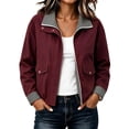 thumbnail image 2 of Mifsaly Womens Bomber Jackets Zip Up Collared Plaid Lining Windbreaker Jacket Fall Winter Windproof Comfort Daily Wear Outdoor Activity Work Office Casual Outfits Wine,XL, 2 of 5