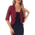 thumbnail image 4 of INSPIRE CHIC Women's Floral Lace Ruffle Hem Open Front Half Sleeve Lightweight Bolero Shrug XS Brown Red, 4 of 6