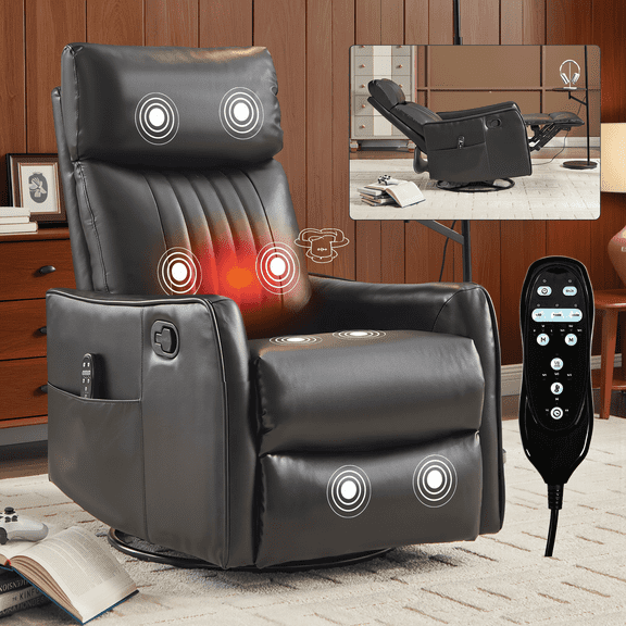 BINBANK Swivel Rocker Recliner Chair, 360° Swivel Recliner with Heat and Massage with Side Pockets for Living Room,Black
