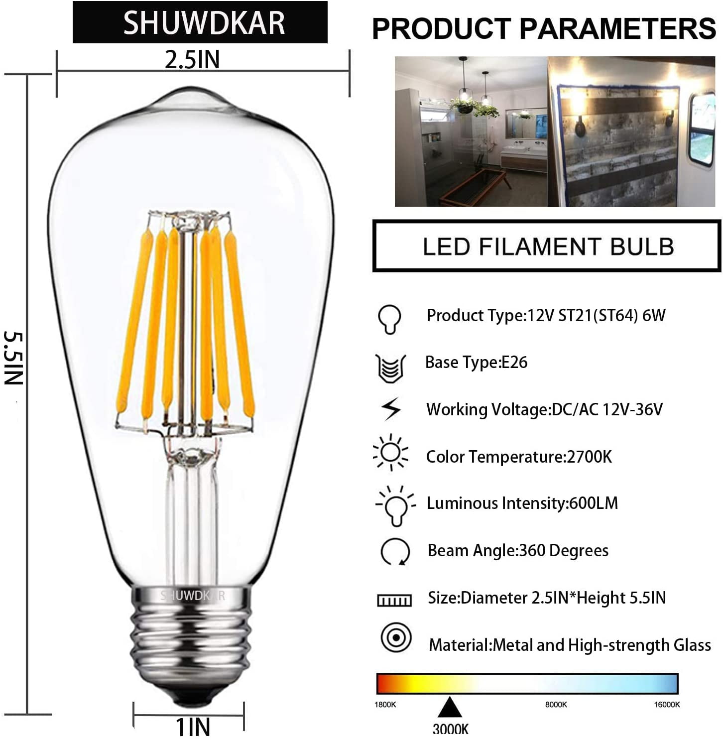 SHUWDKAR LED Light Bulbs DC 12V 6W E26 ST64 Low Voltage Bulb RV Camper Warm White 2700K Vintage Clear Glass Filament Edison Bulbs Equivalent 75W Halogen Marine Boat Solar 12V Battery Lighting,2 Pack SHUWDKAR LED Light Bulbs DC 12V 6W E26 ST64 Low Voltage Bulb RV Camper Warm White 2700K Vintage Clear Glass Filament Edison Bulbs Equivalent 75W Halogen Marine Boat Solar 12V Battery Lighting,2 Pack