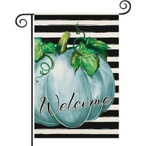 Watercolor Blue Pumpkin Welcome Fall Garden Flag 12.5x18 Inch Double Sided Stripe Pumpkin Autumn Maple Leaves Thanksgiving Holiday Outside Decorations Burlap Yard Flag