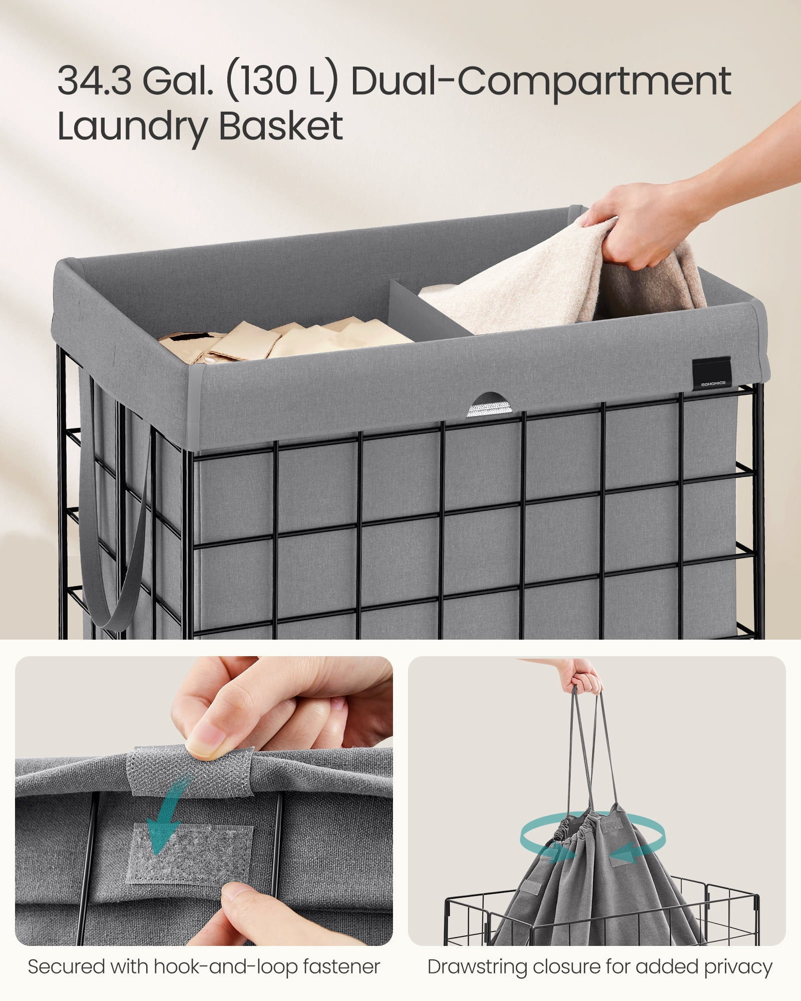 34.3 Gal Laundry Hamper, Collapsible Clothes Basket with Removable Washable Liner & Metal Frame, 66 lb Capacity for Bedroom Bathroom, Black and Gray