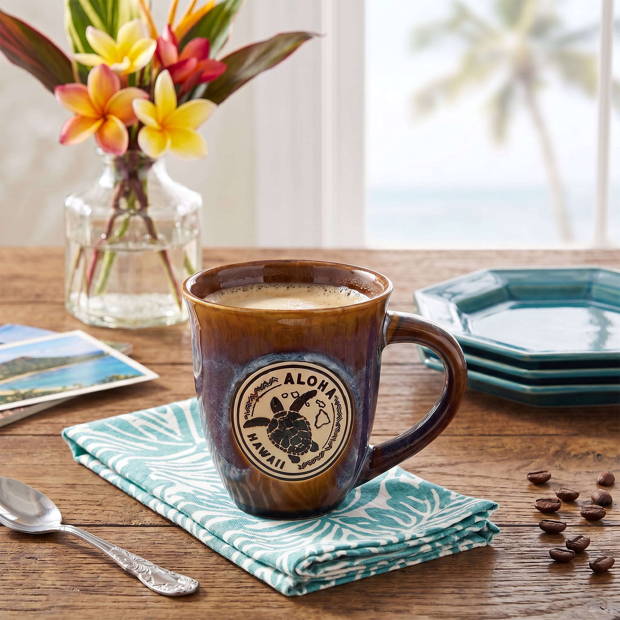 Island Crew Aloha Honu Ceramic Mug, Hand-Painted, 15 oz, Microwave Safe
