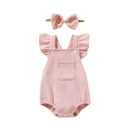 

Genuiskids Baby Girl Corduroy Romper Newborn Infant Fly Sleeve Square Neck Solid Color Chest Pocket Buttons Spring Fall Summer Short Romper + Headband