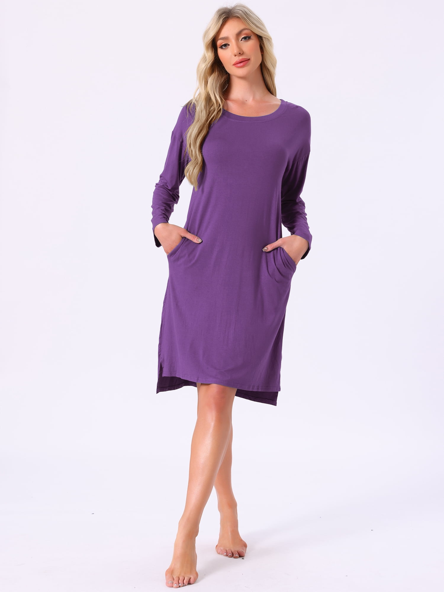 DARING DIVA Women's Long Sleeve High Low Hem Rayon Sleepdress with Pockets 2XL Deep Purple