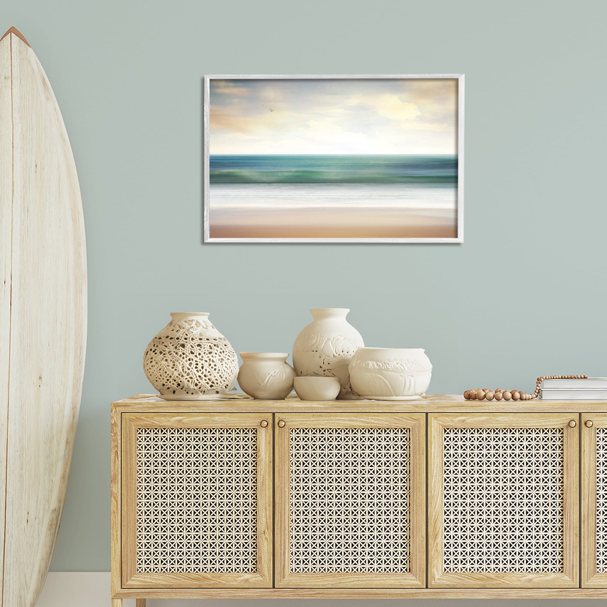 Stupell Industries Lone Seagull Over Beach Landscape Painting White Framed Art Print Wall Art, 30 x 20