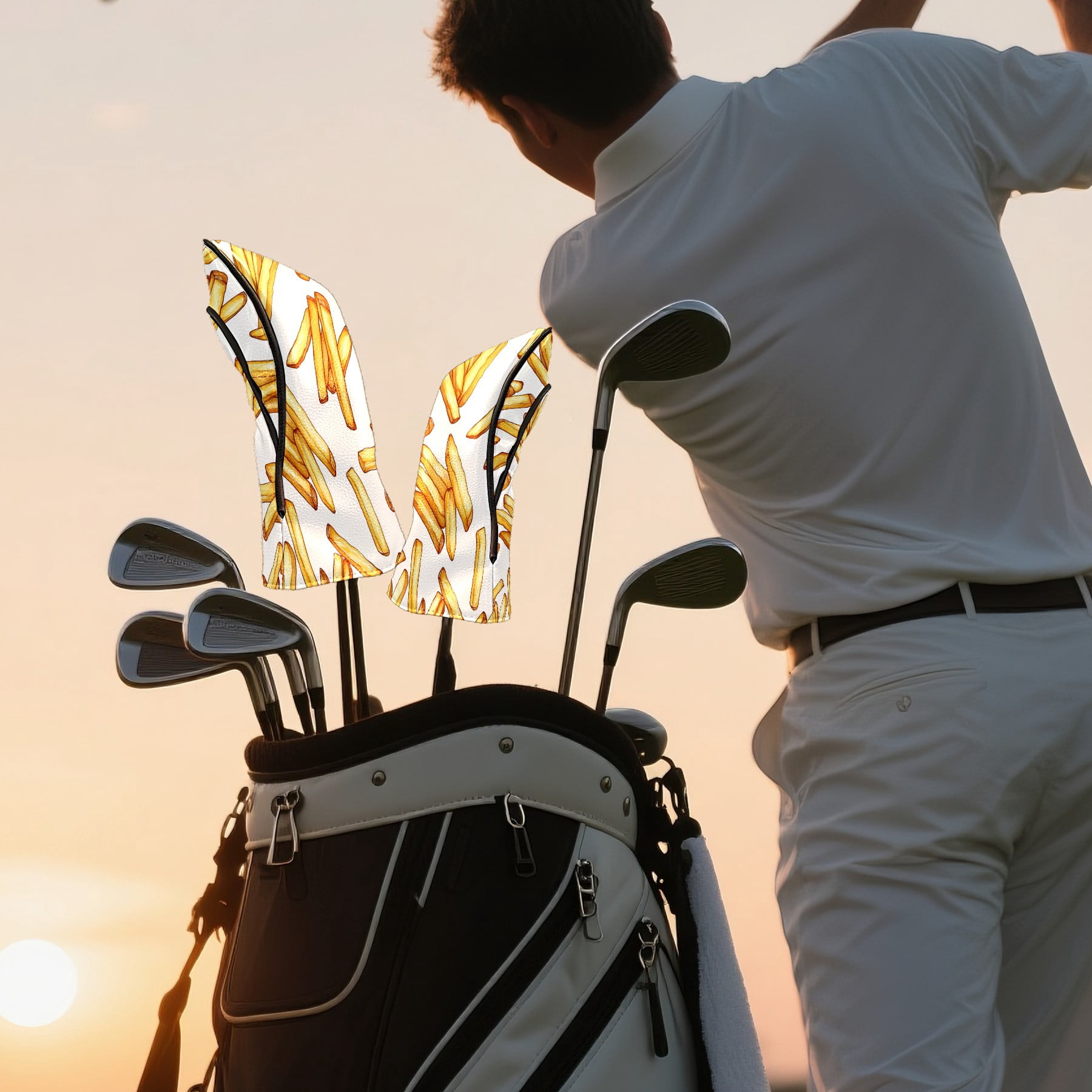 Golf Club Covers PU Leather Waterproof Head Covers for Fairway Woods Hybrids French Fries Pattern Unisex Fits Most Brands