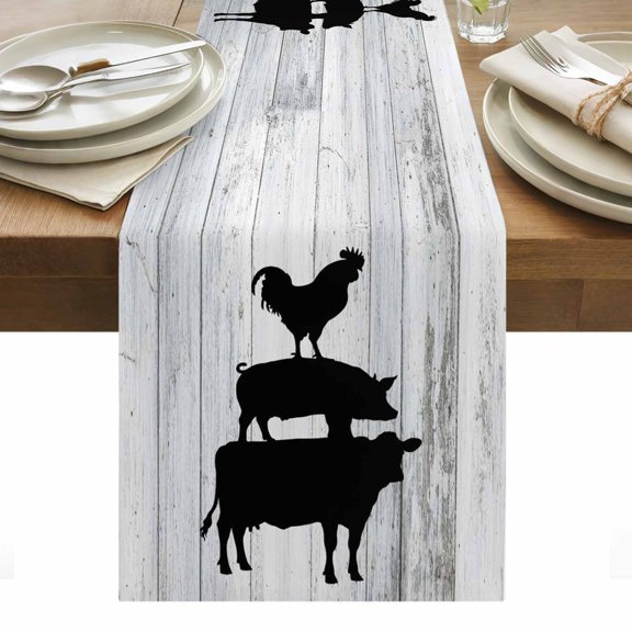Farmhouse Wooden Grain Table Runner - 108 Inch Long, Kitchen Dining Table Runner Dresser Scarves, Vintage Country Cow Pig Chicken Grey Farmhouse Decor for Coffee Tables Wedding Party Banquet