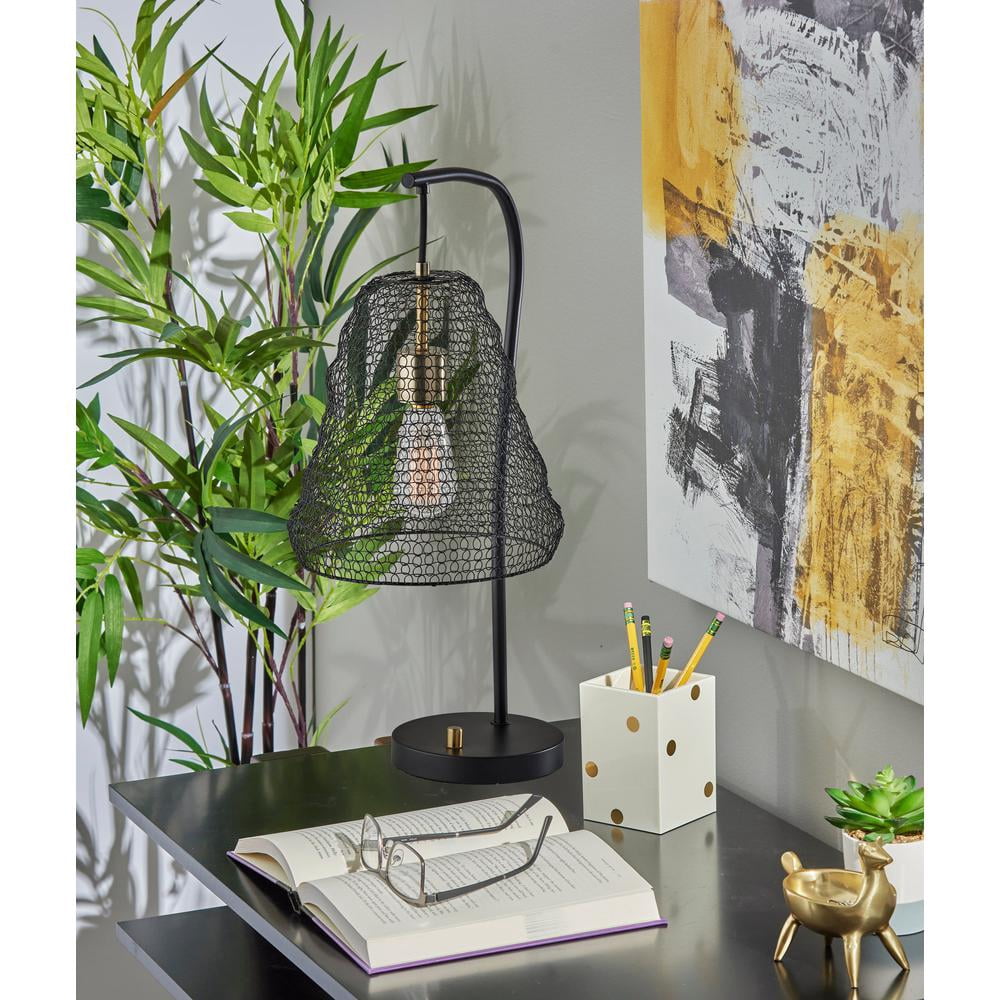 Adesso Sheridan Table Lamp, Black with Antique Brass Accents, Metal Wire Mesh Shade