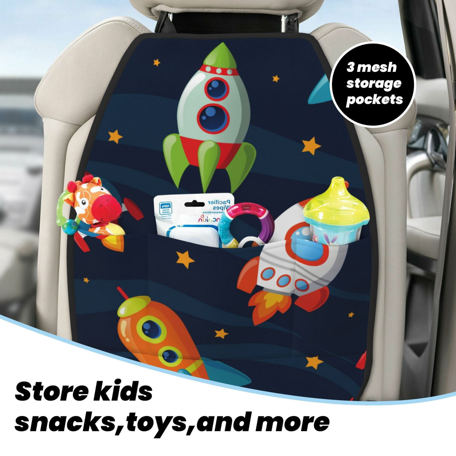 Kdxio Spaceships and Stars Print 2 Pack Car Kick Mat Seat Cover Back Protector Mat with Pockets for Organizer Backseat Protector and Storage Anti Kick Pad for Vehicles