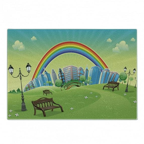 Cartoon Cutting Board, Design Park Bench Hills Apartments Rainbow Beams Flowers Art Print, Decorative Tempered Glass Cutting and Serving Board, Small Size, Multicolor, by Ambesonne