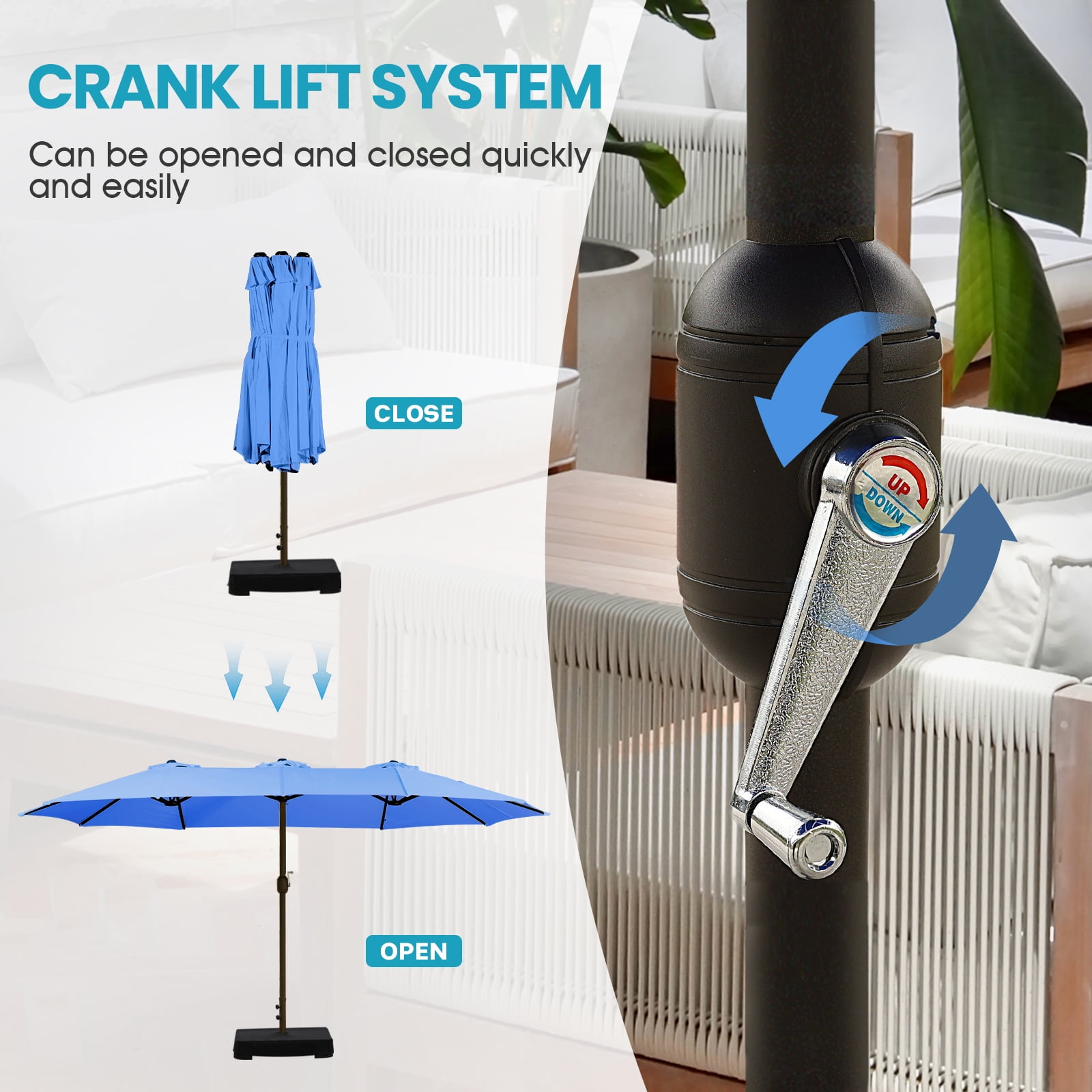 Aoodor 15ft Large Patio Umbrella with Base Stand, Outdoor Double-Sided Rectangle Umbrella - Blue