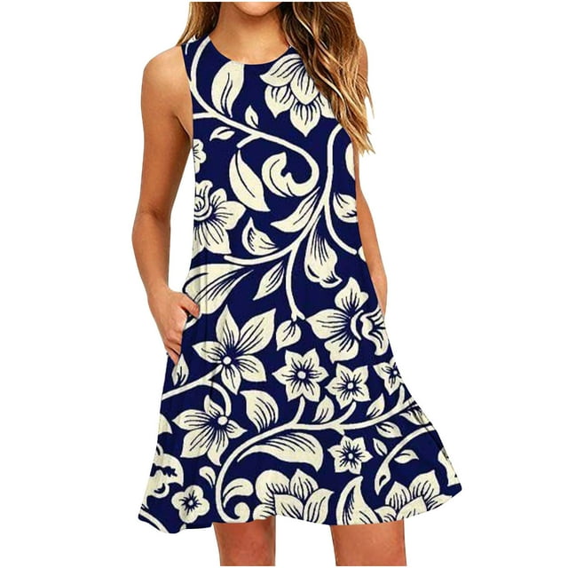 EQWLJWE Robe Longue pour Femmes Mode Été Sans Manches Camisole Imprimée Bretelles Col Rond Robe Pull