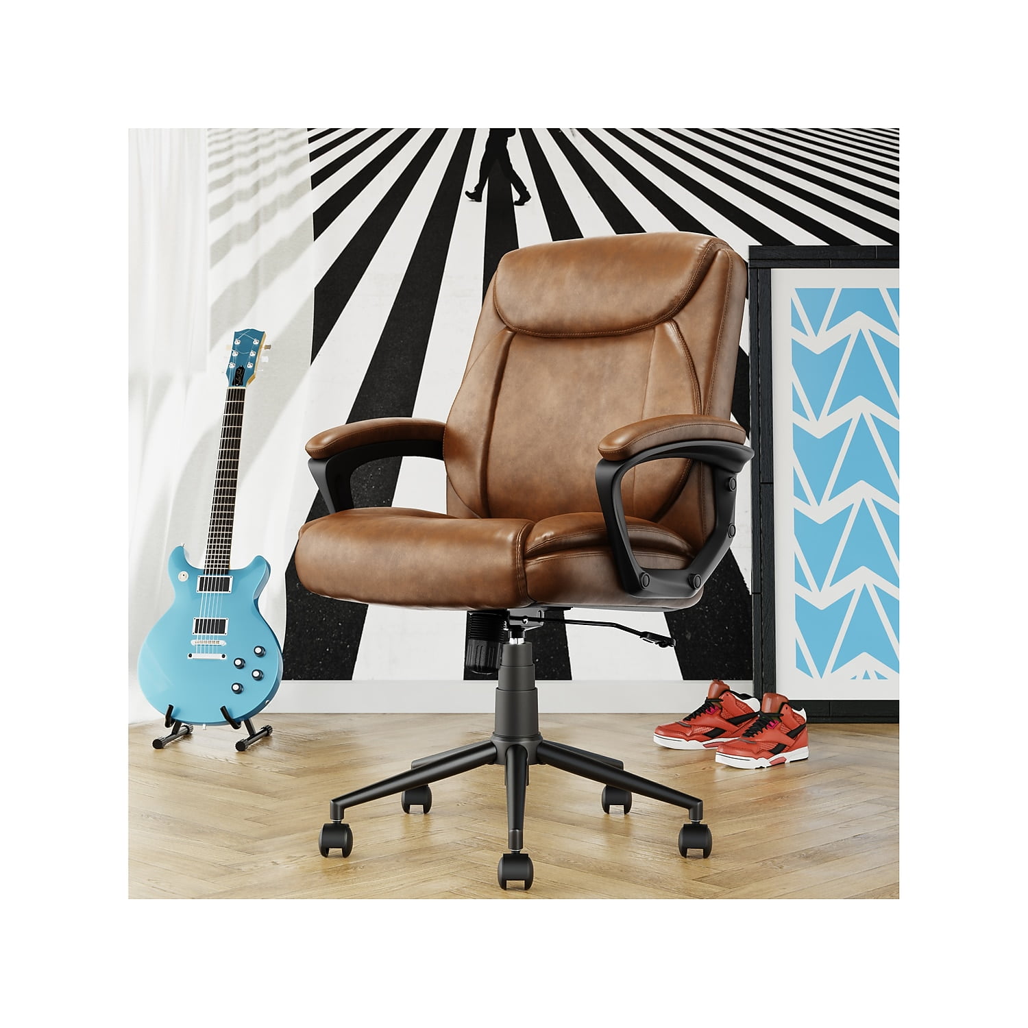 Click365 Transform 1.0 Ergonomic Mid Back Desk Chair Bonded Leather Cognac