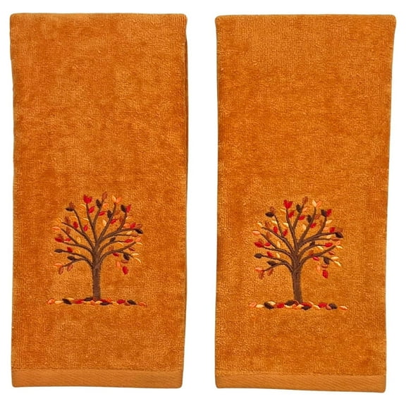 Fall Bath Hand Towels Bathroom Decor Farmhouse : Terracotta Rust Cotton Towels with Autumn Tree Falling Leaves 2 Piece Set