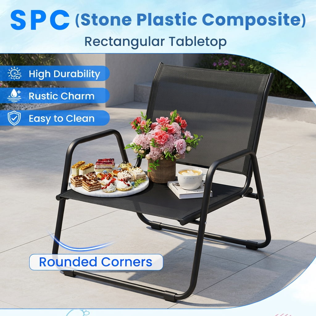 Hommoo 4-Piece Foldable Patio Furniture Set, SPC Coffee Table, Loveseat & 2 Chairs for Backyard, Poolside & Garden Use, Black
