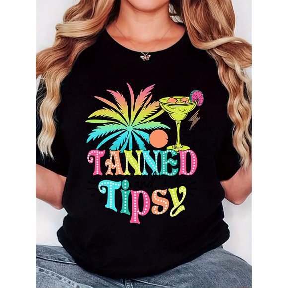 Camiseta Para Mujer Verano Suave Camiseta Con Cuello Redondo Para Mujer Para Caminar Por La CalleWomen's Short Sleeve T-Shirt with Vibrant Tropical Cocktail Print, Round Neck, Casual Comfort, Lightw
