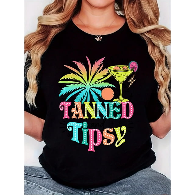 Women's Short Sleeve T-Shirt with Vibrant Tropical Cocktail Print, Round Neck, Casual Comfort, Lightweight & Breathable, Machine Washable, Perfect for Summer Beach or Poolside Wear
