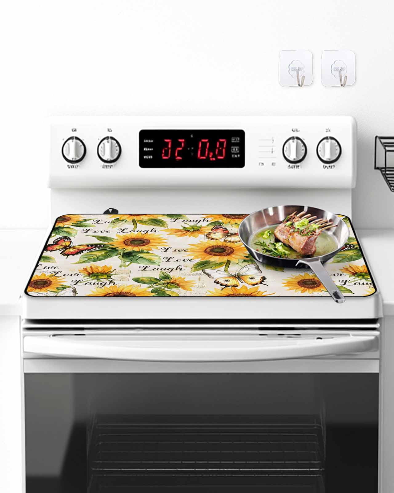 Stove Top Covers for Electric Stove, Sunflower Glass Stovetop Cover Protector, Summer Botanical Vintage Spring Floral Butterfly Induction Cooktop Protector Oven Mat for Kitchen Countertop 24"x21"