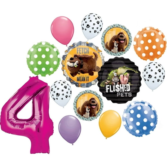Secret Life of Pets Party Supplies 4th Birthday Max and Duke Balloon Bouquet Decorations Pink Number 4