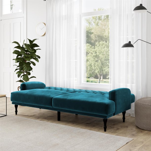 Ember Interiors Ruby Upholstered Futon, Convertible Sofa Bed & Couch, Green Velvet