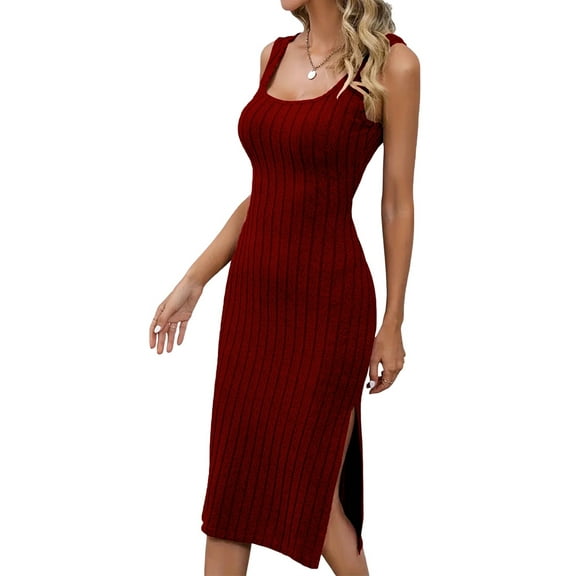 Womens Summer Tank Dress Casual Sleeveless Square Neck Bodycon Side Slit Midi Ribbed Sweater Dresses Wine Red S