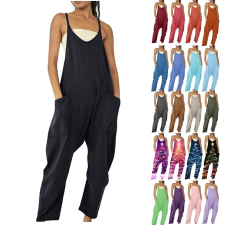 Jumpsuits for Women Casual Summer Rompers Loose Spaghetti Strap Overalls Jumpers 2024 Solid Color Wide Leg Playsuit with Pockets Comfy Maternity Pants, Green, XXL