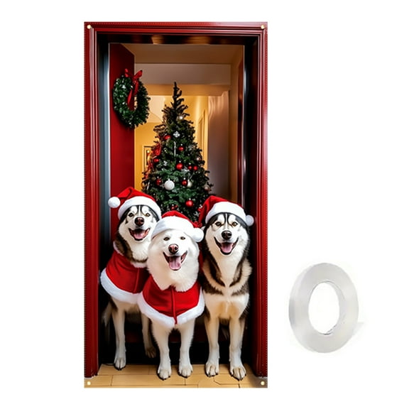 Christmas Door Cover Dog and Cat Door Hanging Banner, Winter Banner Photo Background Door Decoration New Year Home Party Decoration Supplies,35x71in