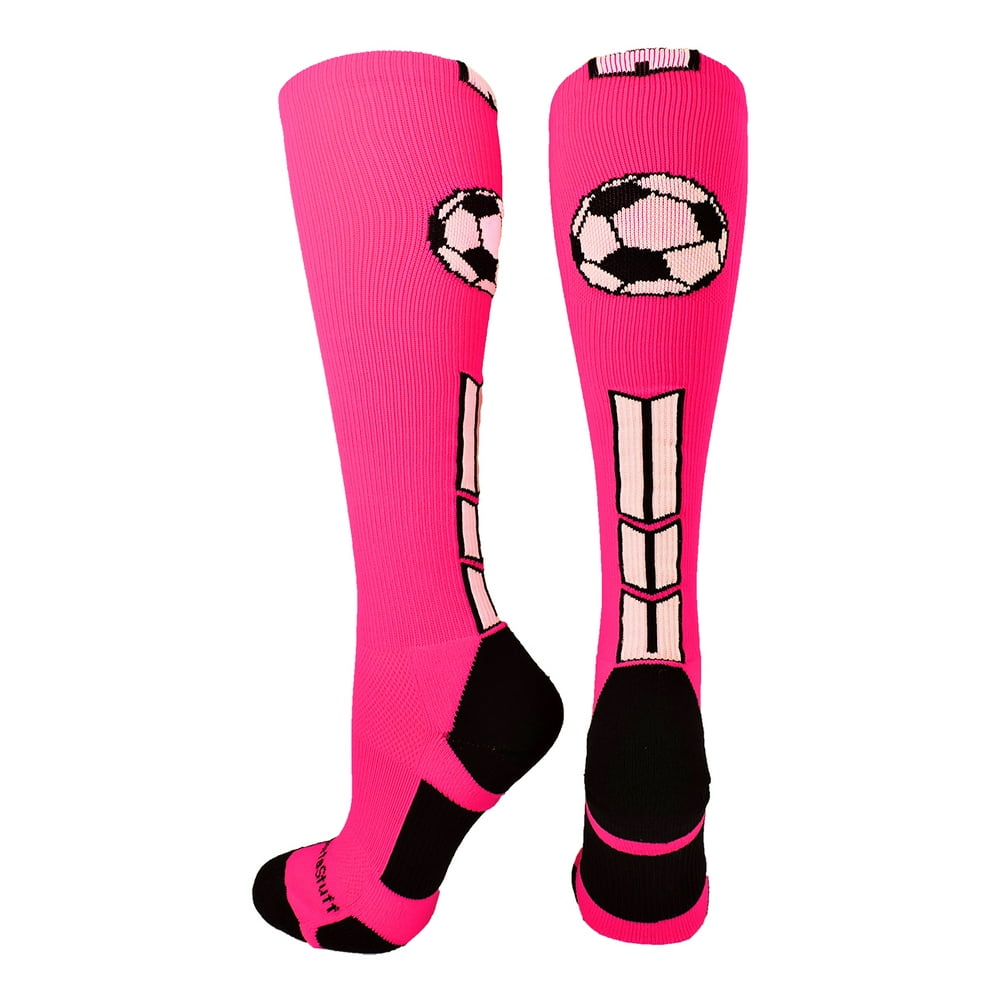 MadSportsStuff Soccer Socks with Soccer Ball Logo Over the Calf (Neon Pink/Black/White, Large