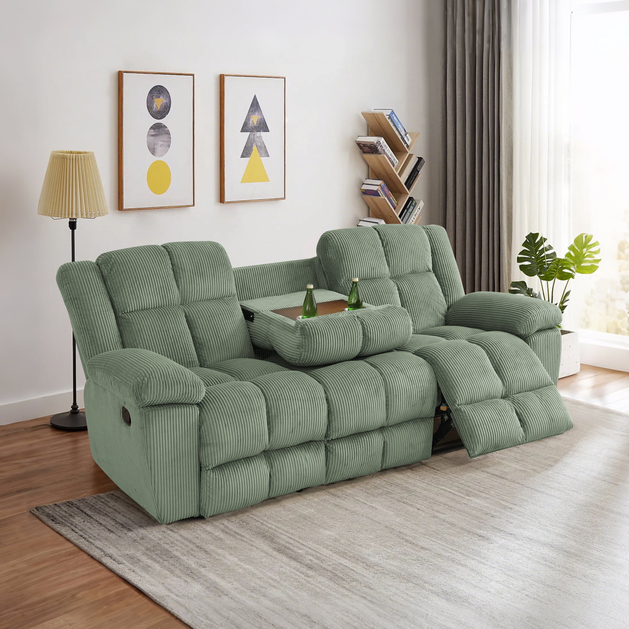 Gewnee Multifunctional Sofa, Foldable Table, Corduroy Upholstery, Solid Wood Frame, Ideal for Living Room, Green