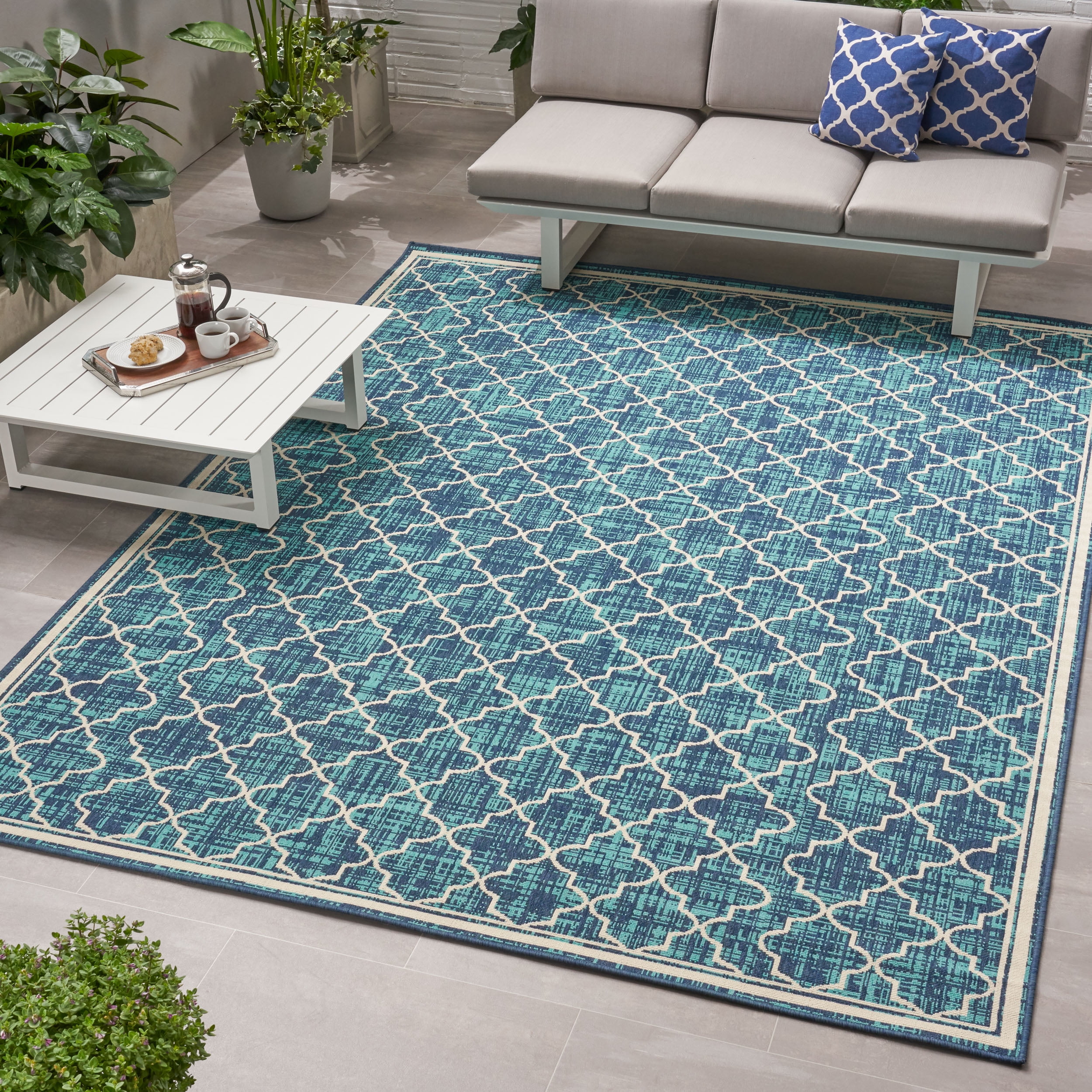 Vander Outdoor 7'10" x 10' Trellis Area Rug, Blue and Ivory
