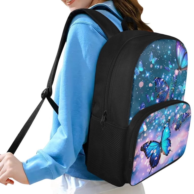 FOR U DESIGNS Blue Butterfly Backpack for Kids Girls School 