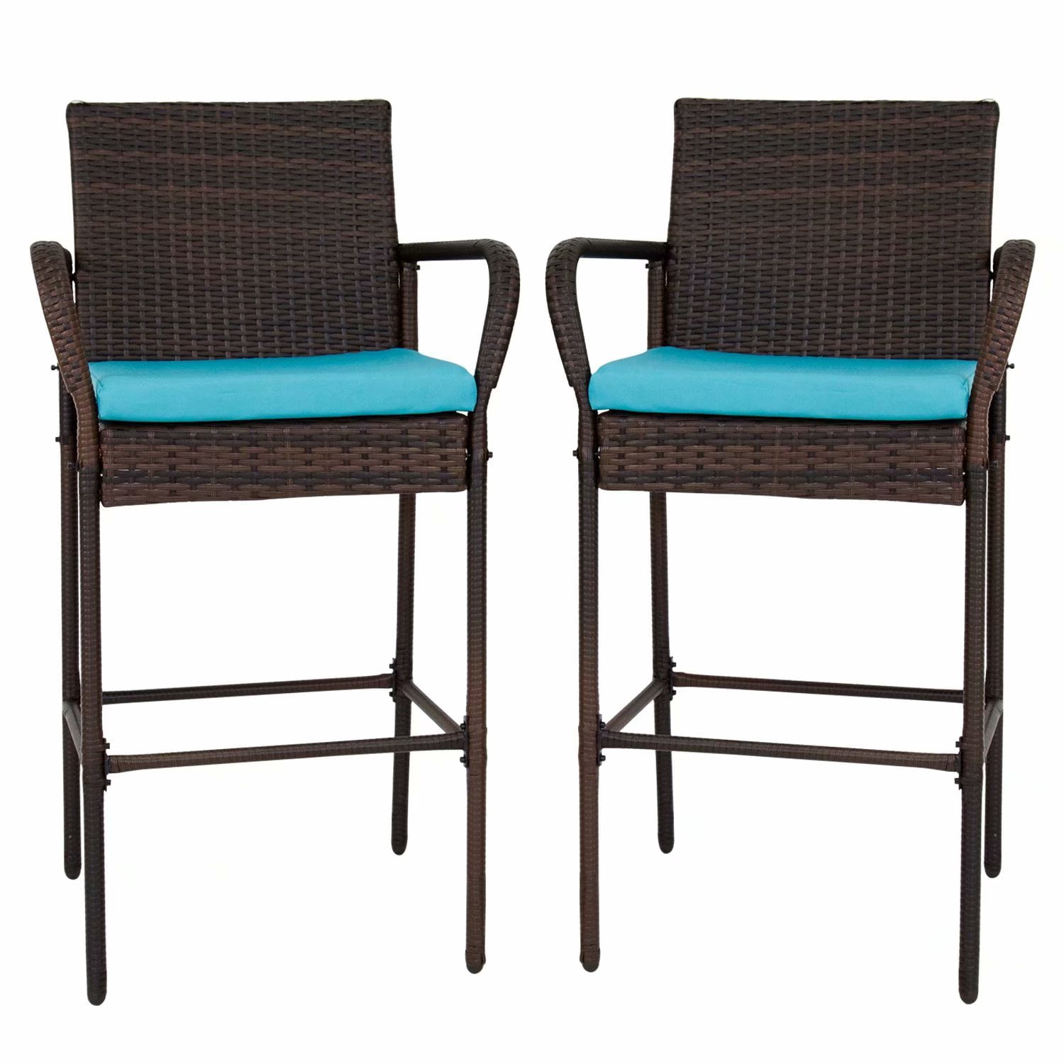 Kinbor Set Of 2 Patio Outdoor Wicker Barstool Pool Furniture Kinbor Set Of 2 Patio Outdoor Wicker Barstool Pool Furniture High Chair Brown W Free Blue Cushions Com