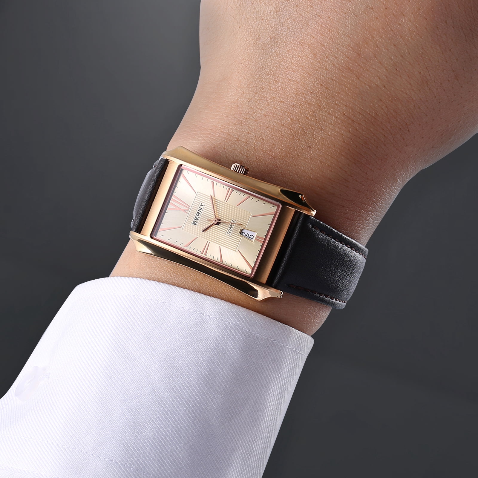 BERNY Men's Leather Watch, Vintage Stainless Steel Rectangular Case Roman Dial Dress Analog Watch with Date Calendar, Waterproof, Classic Business Quartz Wrist Watches for Men (Rose Gold)