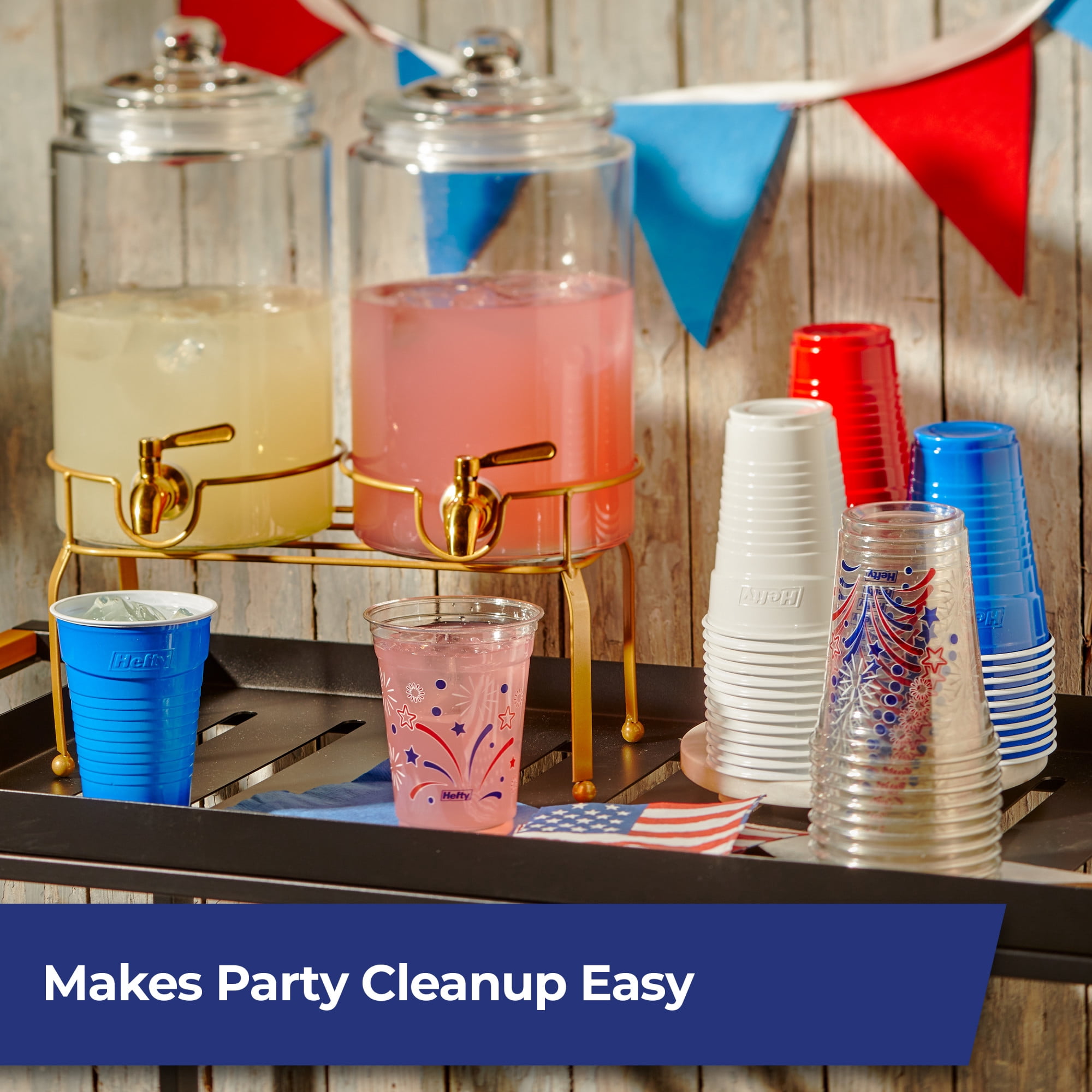 Hefty Party On Disposable Plastic Party Cups, Patriotic Assorted Colors and Festive Print, 16 oz. & 18oz., 80 Count