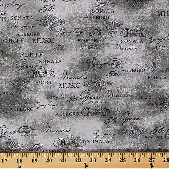 Cotton All That Jazz Metallic Musical Words Music Terms Scroll-work Grey Cotton Fabric Print by the Yard (ACPM-15236-12-GREY)