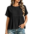 thumbnail image 4 of Craaazy Short Sleeve Tops for Women Loose Fit Solid Color Crew Neck Pleated Peplum Cotton Linen Blend Top Casual Summer Blouse for Daily Summer Wear, 4 of 6
