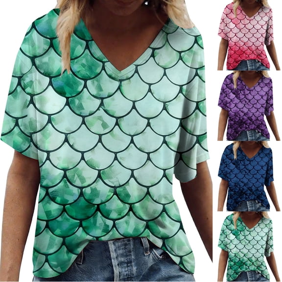 Trendfront Womens Summer V Neck Short Sleeve Tops Oversized Loose Fit Scale Tees Digital Graphic Printed Fashion T-Shirts