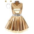 thumbnail image 3 of iiniim Women Alien Cosplay Lapel V Neck Sleeveless A-line Hem Tulle Layers Metallic Dress with Hair Hoop for Role-playing Theme Party Stage Dance Gold 3XL, 3 of 7