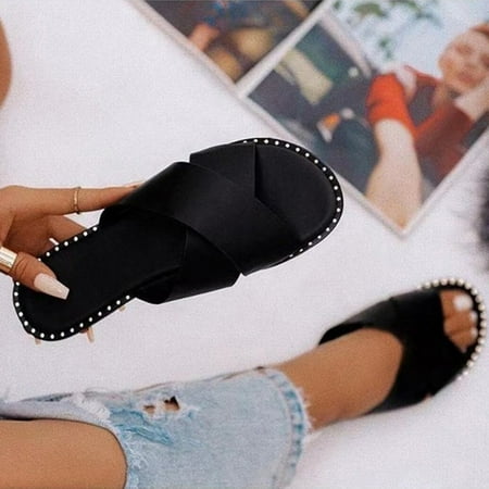 

FITORON Women s Slippers- Summer Casual Shoes Flat Black Leopard Printed Flip Flops Rhineston Slippers Black 38