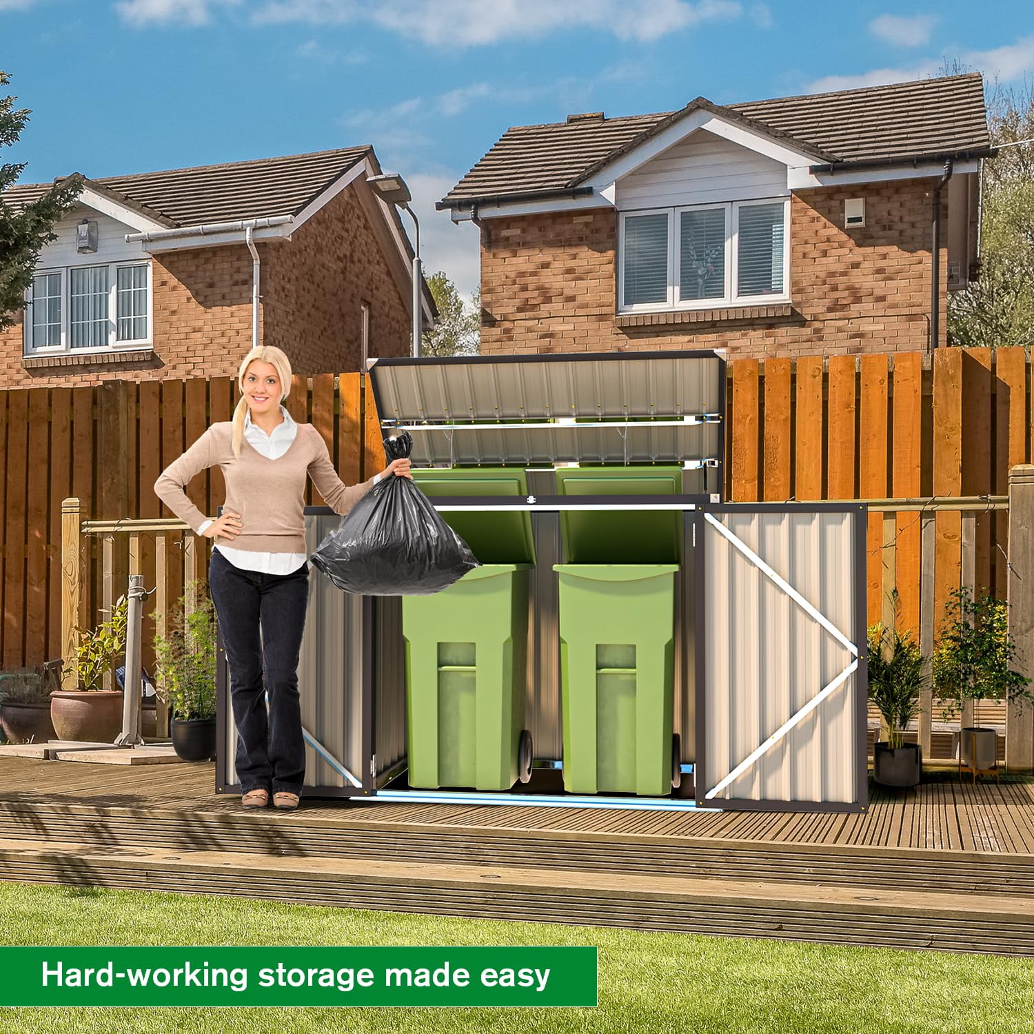 AECOJOY 46 Cu ft. Outdoor Horizontal Storage Shed Wastebasket Enclosure Container Metal Garbarge Shed in Gray