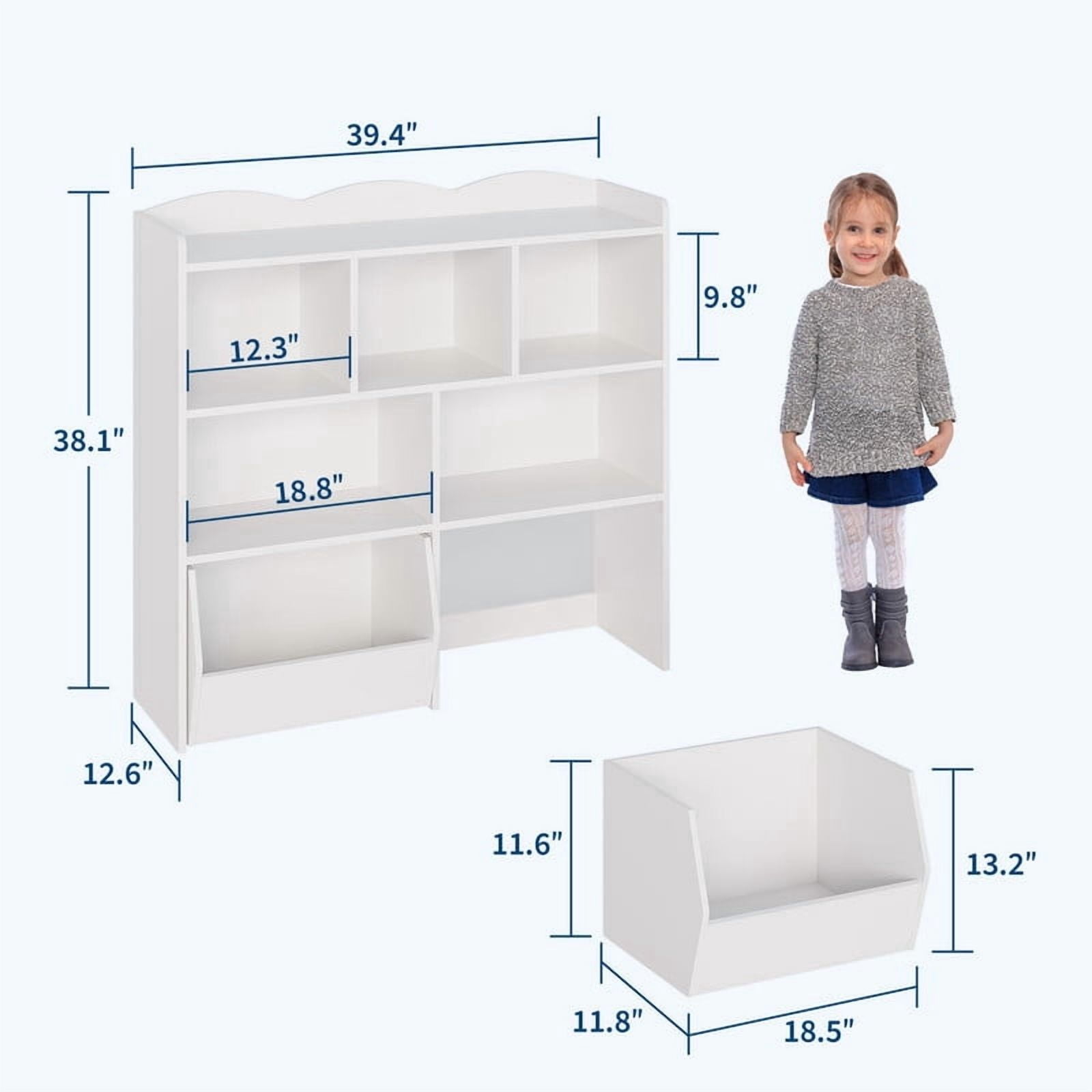 TROPOW Toy Storage Organizer with Movable Drawers, Kids Bookshelf with Hidden Wheels & Open Cubbies, Multifunctional Floor Storage Chest for Playroom